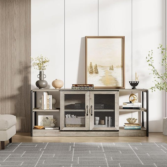 Farmhouse TV Stand for 65+ Inch TV, Industrial TV Cabinet, Entertainment Center with Double Mesh Doors and Storage Cabinet, Rustic TV Cabinet, TV Console Table Media Cabinet for Living Room, Grey