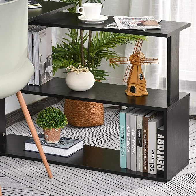 HOMCOM L Shaped Desk, Corner Computer Desk, 360 Degree Rotating Home Office Desk with Storage Shelves, Writing Table Workstation, Black