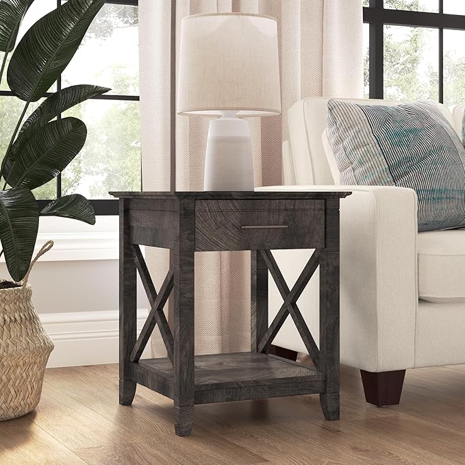Bush Furniture Key West Small End Table with Storage | Modern Farmhouse Accent Shelf for Living Room in Dark Gray Hickory