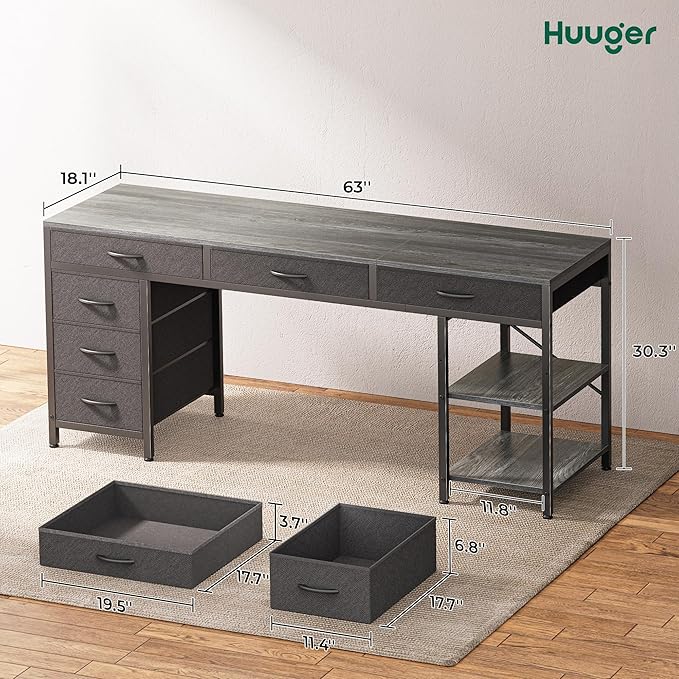 Huuger Computer Desk with 6 Drawers, 63 Inch Office Desk with Shelves, Reversible Gaming Desk, Corner Desk with Storage, for Home Office, Study, Living Room, Grey
