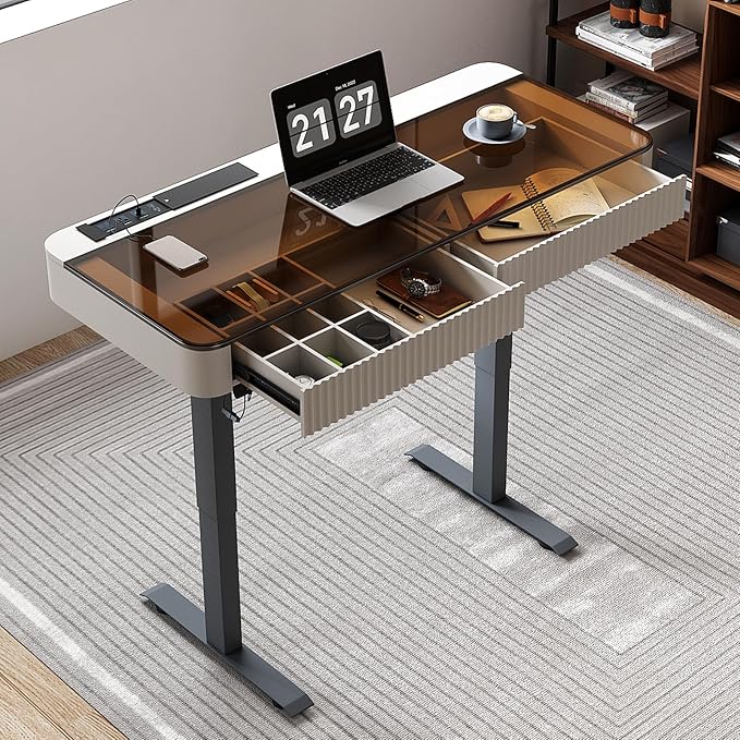 Lartis Office Desk, Electric Computer Lift Table Standing Desk with Drawer Charging USB Port, Home Office Laptop Table with Drawer