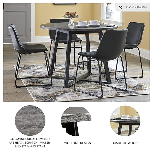 Signature Design by Ashley Centiar Mid Century Round Dining Room Table with Metal Legs, Gray & Black