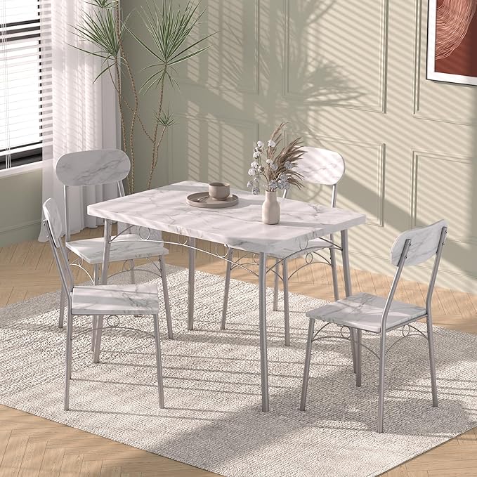 VECELO 5-Piece Dining Table Set for 4, Kitchen Rectangular Dinette with Wooden Chairs for Small Space, Apartment, Breakfast Nook, White