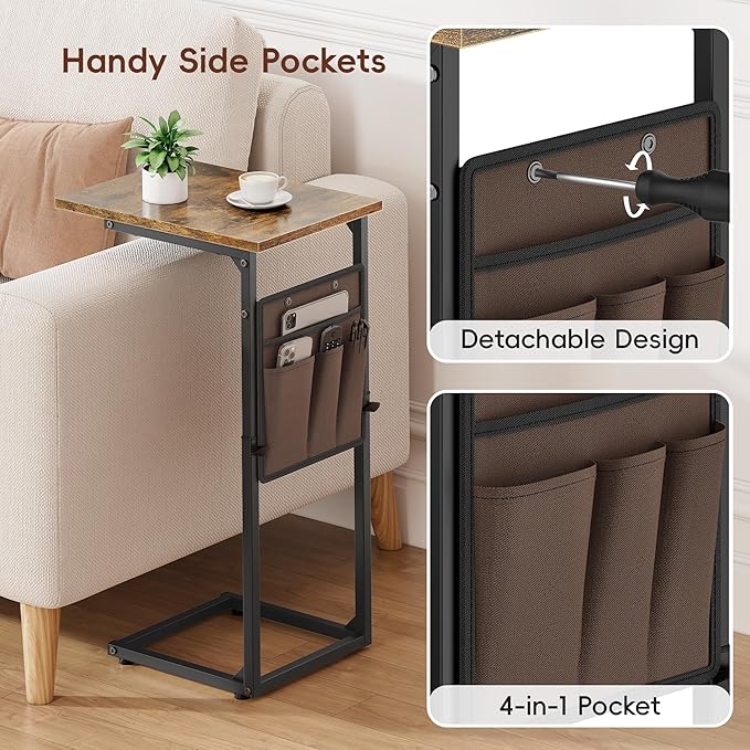 Vagusicc C Shaped End Table, 33"Tall Side Table for Couch, Adjustable Height Sofa Table Small Couch Side Tables, Slide Under Recliner TV Tray Arm Tables with Metal Frame for Living Room,Bedroom,Brown