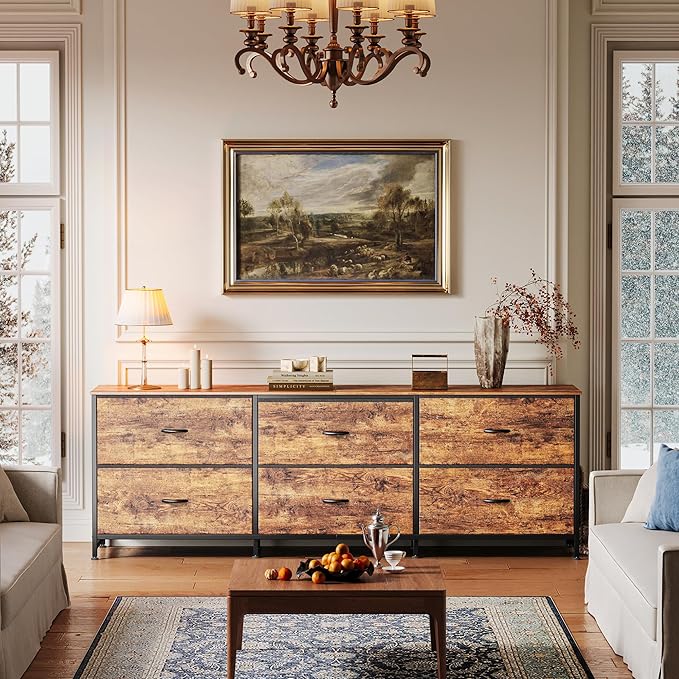 Huuger 63 Inch Long Dresser for Bedroom, Wide TV Stand for 55, 65, 70 Inch TV, 6 Drawer Dresser for Closet with Fabric Drawers, Storage Organizer for Bedroom, Entryway, Rustic Brown