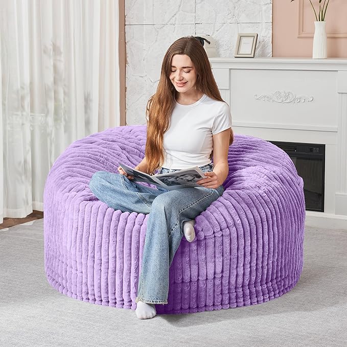 HABUTWAY 3FT Bean Bag Chair, 3' Large Bean Bag Chairs for Adults with Removable Stripe Plush Cover, Memory Foam Beanbag Chair for Living Room Bedroom Dorm (Purple)