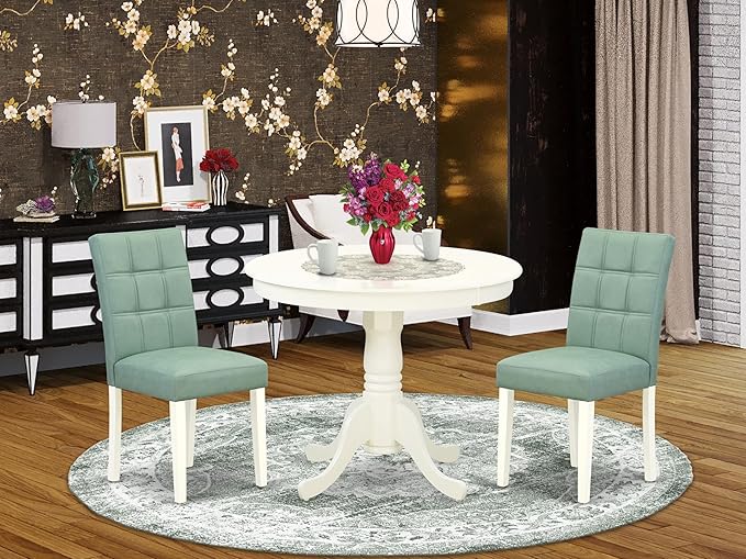East West Furniture ANAS3-LWH-43 3 Piece Dining Table Set consists A Dinner Table and 2 Willow Green Polyester Fabric Parson Kitchen Chairs with Stylish Back- Linen White Finish