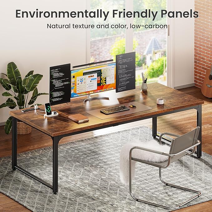 Huuger 71 x 31.5 Inch Desk with Power Outlets & USB-C, 1.2 Inch Thicker Desktop, Robust Metal Tubes, Deep Computer Desk, Heavy Duty Office Desk, Work Desk for Home Office, Rustic Brown