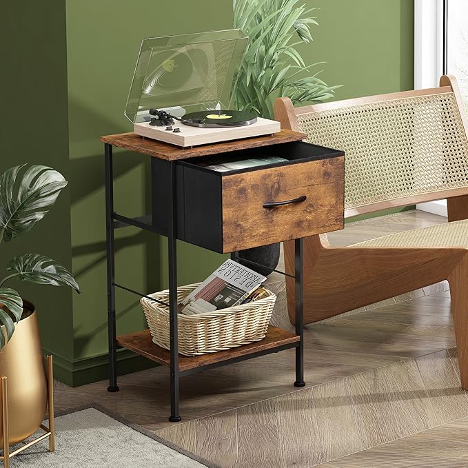WLIVE Nightstand, Bedside Side Table for Bedroom, Dorm with Steel Frame, Night Stand End Table with Fabric Storage Drawer, Easy Assembly, Rustic Brown Wood Grain Print, 11.73''D 15.67''W 25.03" H