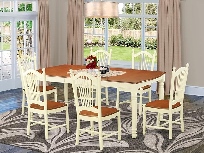 East West Furniture DOVE7-WHI-W 7 Piece Dining Room Furniture Set Consist of a Rectangle Kitchen Table with Butterfly Leaf and 6 Dining Chairs, 42x78 Inch, Buttermilk & Cherry