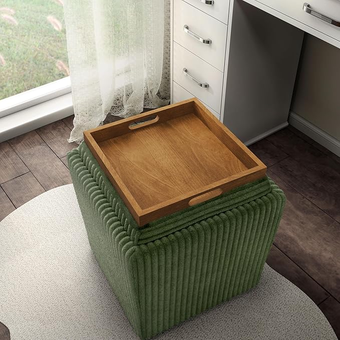 Furniture of America Lennox Modern Chenille 17-inch Square Storage Ottoman with Reversible Tray Top, Upholstered Footstool for Living Room, Bedroom, Entryway, Green