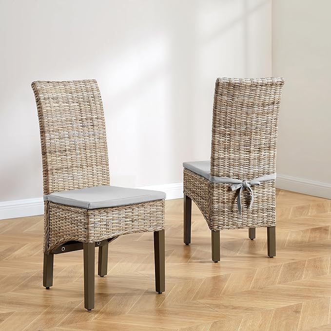 Crosley Furniture Edelyn Natural Rattan Dining Chairs Set of 2, Farmhouse Kitchen Accent Chair with Cushion, Kubu Rattan/Gray