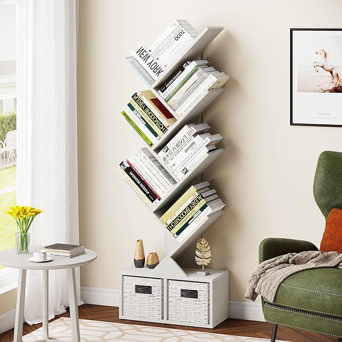 Vagusicc Tree Bookshelf, 6 Tier Bookshelf with Storage, Tall Narrow Bookcase, Rustic Wood Book Storage Rack for CDs/Books, Small Book Organizer Shelves for Bedroom, Living Room, Home Office, White
