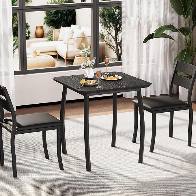 Small Dining Table Set for 2,3-Piece Kitchen Table Set with Thick Wood Grain Tabletop & 2 Upholstered Chairs & Metal Frame, Compact Table Set for Small Spaces, Kitchens & Dining Rooms (Black)