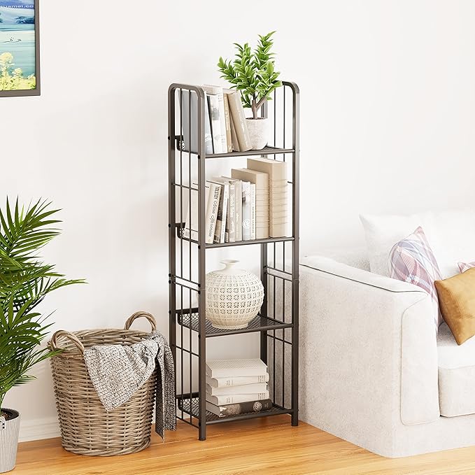 Bookshelf Vertical Storage Freestanding Storage Stand for Living Room, Bedroom, Kitchen, Rust Resistance, Easy Assemblyl Free CombinationMulti-Functional Organizer (4 Tiers, Black)