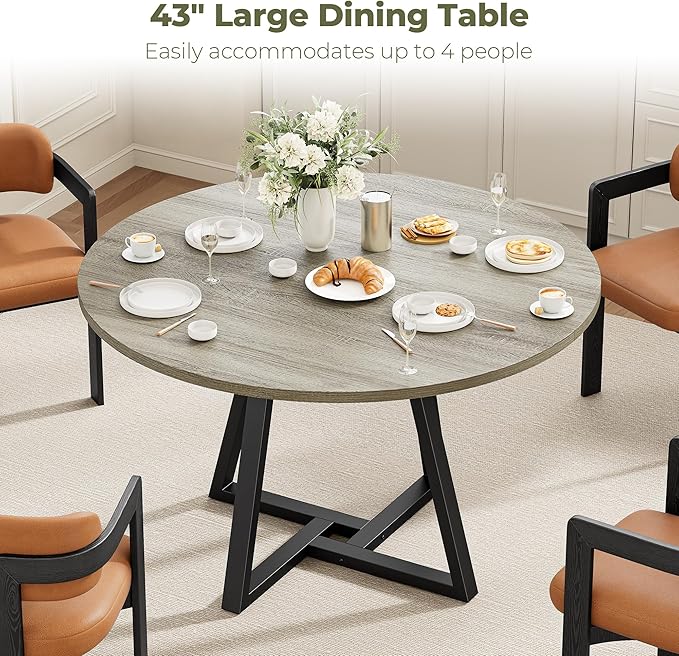 IRONCK 43" Round Dining Table for 4, Wood Kitchen Table with Metal Base, Space Saving Industrial Circle Dinner Table for Kitchen Dining Room, Gray