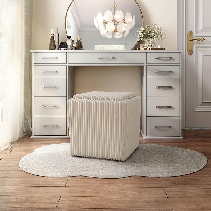 Furniture of America Lennox Modern Chenille 17-inch Square Storage Ottoman with Reversible Tray Top, Upholstered Footstool for Living Room, Bedroom, Entryway, Beige Pink