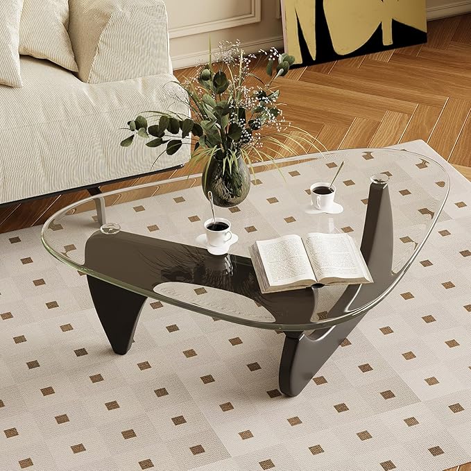 Glass Coffee Table for Living Room Mid Century Modern Triangle Center Table with Wooden Base, Transparent/Black