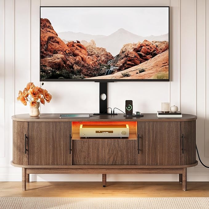 YITAHOME TV Stand with Mount and Power Outlet, Modern Entertainment Center with 3 Height Adjustment TV Mount for 32-70 inch TVs, LED Fluted TV Media Console with Sliding Doors, Curved Profile Design