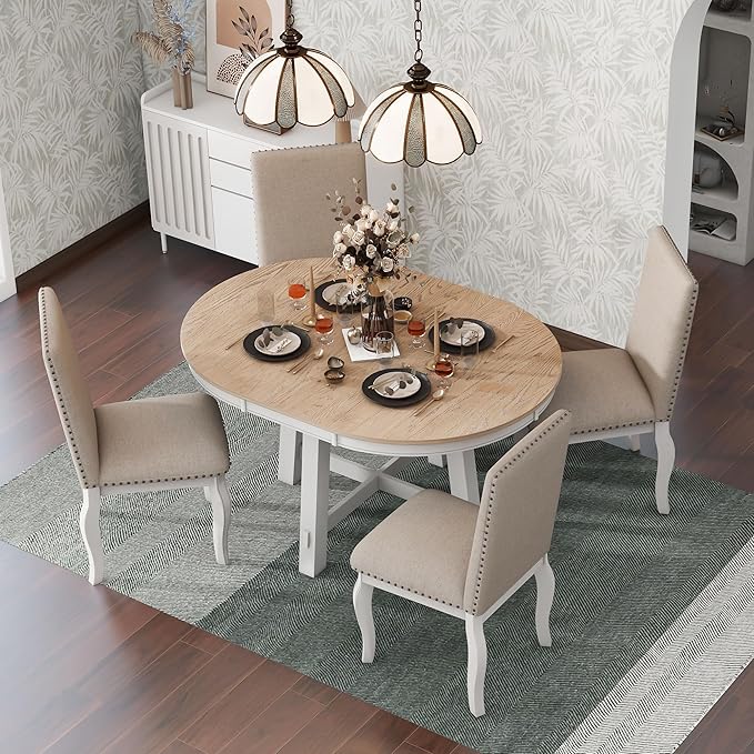 5 Pieces Dining Table Set with 43" Round Extendable Desk,Living Room Furniture W/ 4 Upholstered Curved Legs Chairs,for Restaurant,Home Bistro,Oak Natural Wood+Antique White