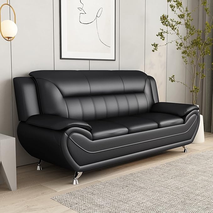 Container Furniture Direct Michael Modern Faux Leather Upholstered Stainless Steel Legs Living Room Sofa, Chair, Midnight Black