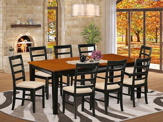 East West Furniture QUPF9-BCH-C 9 Piece Dining Table Set Includes a Rectangle Dinner Table with Butterfly Leaf and 8 Linen Fabric Dining Room Chairs, 40x78 Inch, Black & Cherry