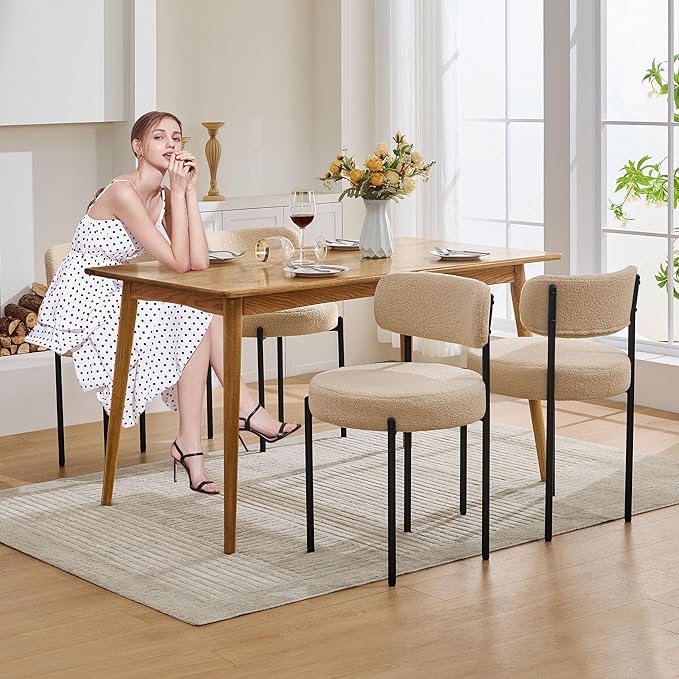 Boucle Dining Chairs, Kitchen Dining Room Chairs Curved Backrest Upholstered Mid Century Modern Dining Chairs (Beige, 2pcs)