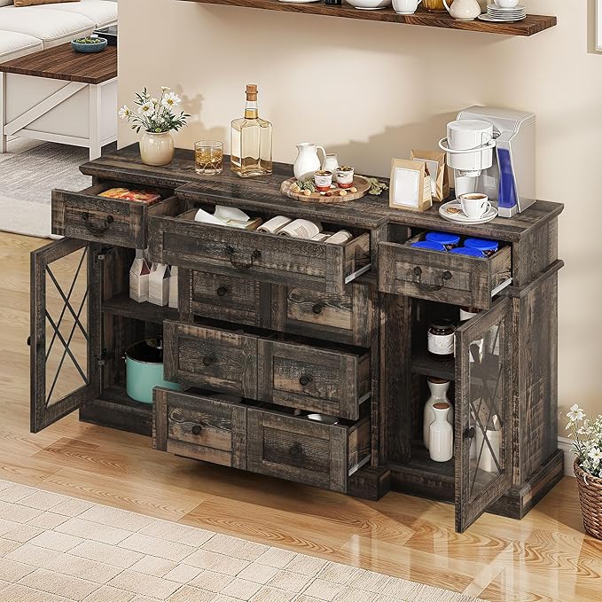 YITAHOME Television Stand for 65/55 Inch TV, Farmhouse TV Stand with 9 Drawers, Adjustable Shelves and Tempered Glass Doors, Entertainment Center TV Media Console for Living Room, Dark Rustic Oak