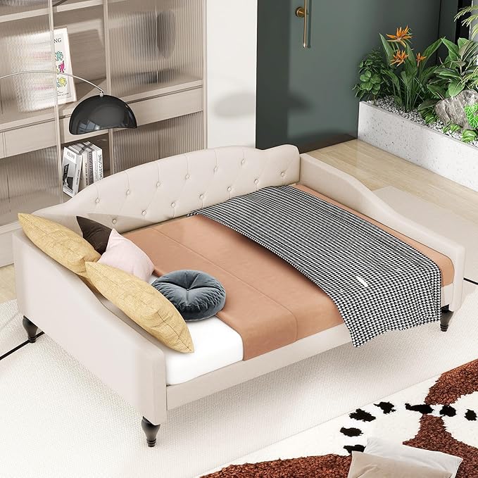 Full Size Upholstered Tufted Daybed,Linen Sofa Bed,Easy Assemble & No Box Spring Needed,Perfect for Small Space,Bedroom,Livingroom,Guest Room, Beige