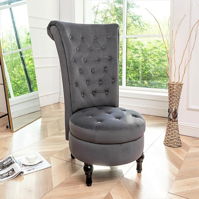 Container Furniture Direct Royal High-Back Velvet Accent Chair for Vanity with Storage and Luxurious Upholstery, Retro Design and Versatile Usage for Livingroom, Bedroom, Lounge and Office, Grey
