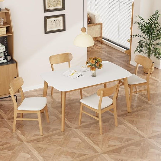 Merax 5-Piece Dining Set, Solild Wood Table & Chairs with Backrests for 4, Farmhouse Natural Kitchen Furniture for Home, Dining Room, Natural Oak+Beige