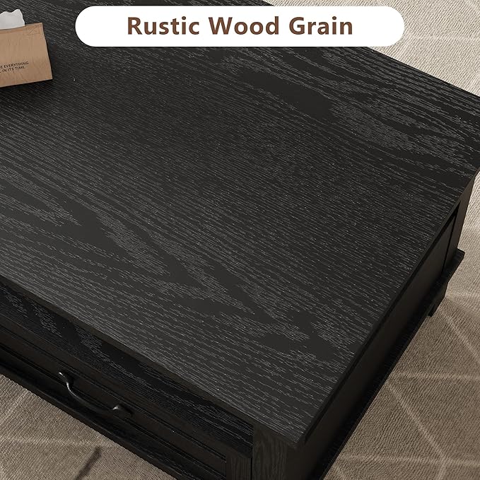 GarveeHome Farmhouse Coffee Table with Drawers, 47.2" Center Table Rustic Coffee Tables Black Living Room Table, with Open Shelf and 6 Support Legs