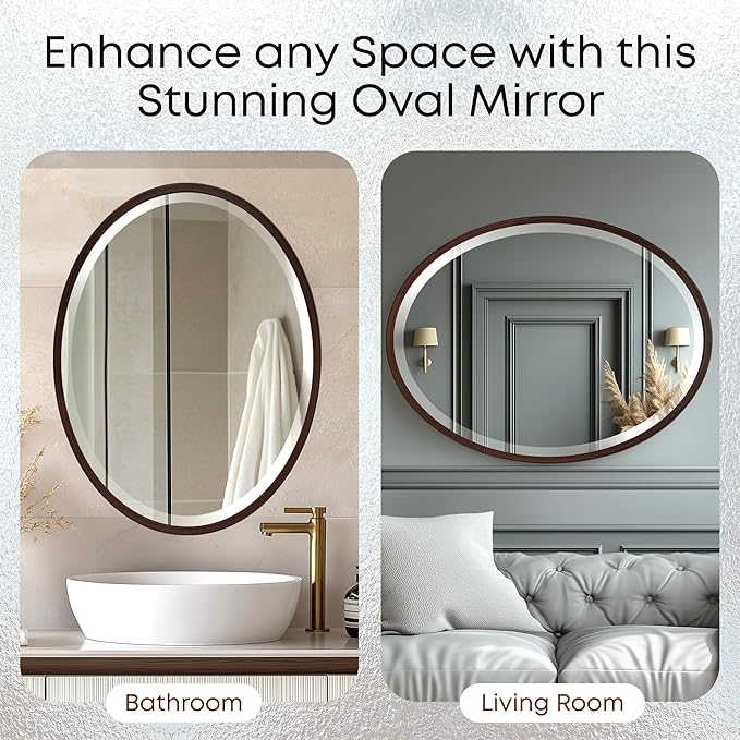 OVALCREST - Oval Wooden Beveled Wall Mirror for Home Decor, Bathroom, Vanity, Bedroom, Living Room, Hallway - London Style (Black Walnut) 23.1 x 29.1
