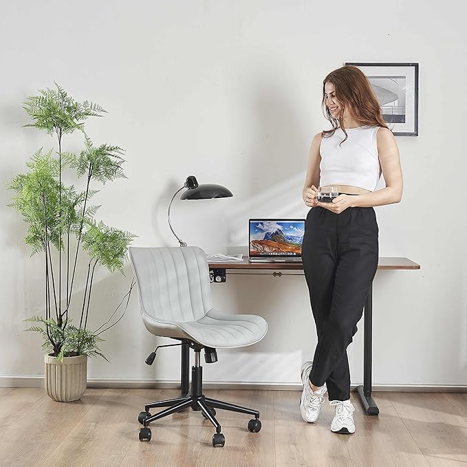 YOUNIKE Grey Home Office Desk Chair with Wheels Ergonomic Comfy Armless Vanity Chair with Back Modern Leather Upholstered Rolling Task Chair Small Cute Computer Drafting Sewing Chair Swivel Adjustable