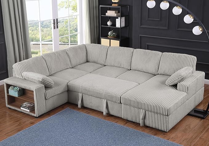 Eafurn Oversized U Shaped Convertible Sleeper Sectional Sofa w/Pull Out Couch Bed, 6 Seater Corduroy Upholstered Corner Lounge Sofa Couch Sleeper Sofabed w/Storage Chaise,Shelves