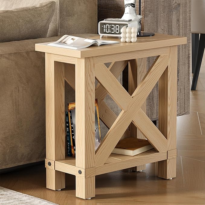 LITTLE TREE Farmhouse Side Table Set of 2, Narrow End Table for Space Saving, Bedside Furniture for Bedroom, Living Room, Small Spaces, Oak