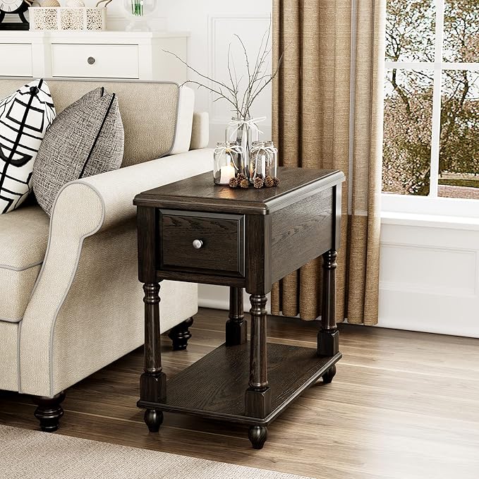 Narrow End Table with Drawer and Open Storage Shelf, Solid Wood Sofa Side Table for Living Room, Beside Table,Telephone Table for Small Spaces, No-Tools Assembly Vintage Black BBJ004BK