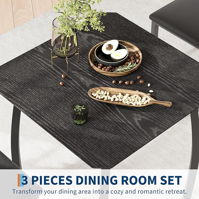 GAOMON Dining Table Set for 2, 3 Piece Small Kitchen Table and 2 Upholstered Chairs with Metal Frame & Wood Grain Tabletop for Small Space, Apartment, Kitchen, Dining Room, Black