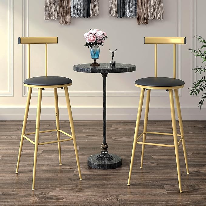 Bar Stools, Set of 2 High Kitchen Barstools, Bar Chairs with Backrest and Footrest, Industrial Counter Stools with PU Soft seat, for Kitchen, Living Room, Pub, Gold Color BS-012GC