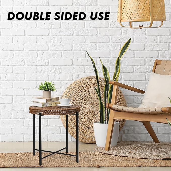 Brown Small Round End Table, 19in Rattan End Tables, Wicker Rattan Side Table, Round Sofa Side Table, Indoor Outdoor Side Tables for Patio, Living Room Bedroom Office