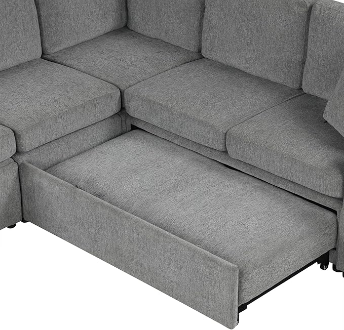 84.7" Symmetrical Convertible Sleeper Sectional Sofa Couch Bed for Living Room 4 Seater L Shaped Reversible Pull Out Sleeper Sofabed with Movable Ottoman ,2 Cup Holders ,USB Ports, Detachable Backrest