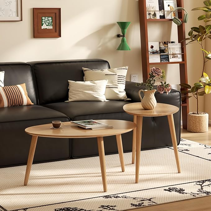 Small Oval Coffee Table, 25.6" Mid Century Modern End Table for Living Room, 100% Solid Oak Wood Center Table, Side Table (Original Wood Color, 25.59''Wx17.51''Dx19.68''H)
