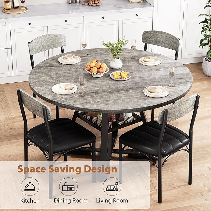 Round Dining Table Set for 4, Kitchen Table and Chairs for 4, Circle Table Round Pedestal Dining Room Dinner Dinette Table Set,5 Piece Space Saving Wood Kitchen & Dining Room Tables (Grey, 42In)