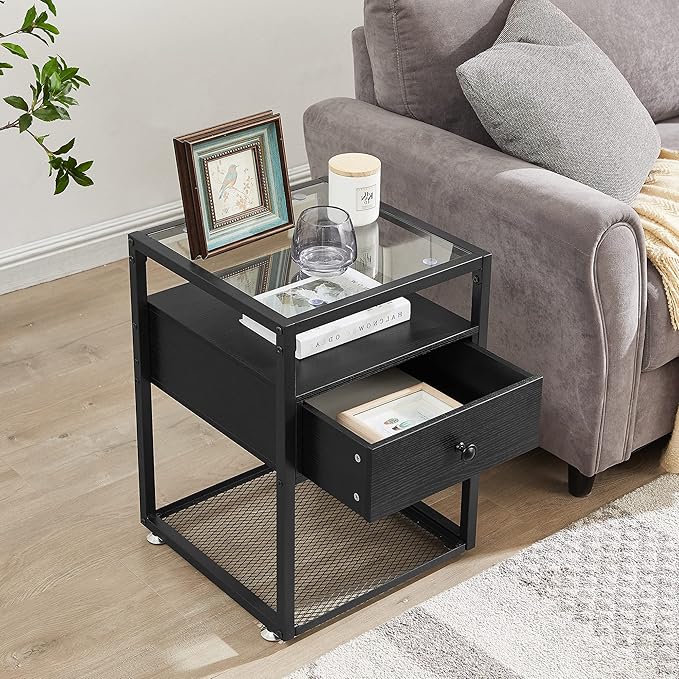 VECELO End Table, Modern Nightstand with Drawer, Night Stand Set of 2 for Bedroom Living Room,Tempered Glass