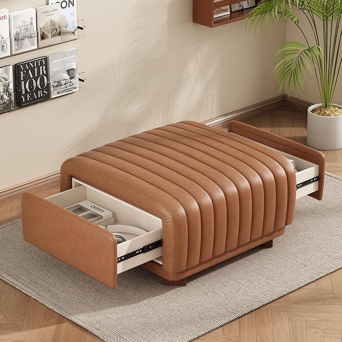 Christopher Knight Home Reyno Upholstered Ottoman with Storage for Living Room, Faux Leather Storage Ottoman Foot Rest with Side Drawers, Modern Square Coffee Table with Wooden Frame, Brown