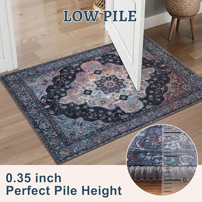 Tangsoo 4x6 Vintage Area Rug with Non Slip Backing, Machine Washable Rug Low Pile Living Room Rugs for Bedroom, Dining Room, Office, Navy/Multi Print Distressed Floor Carpets