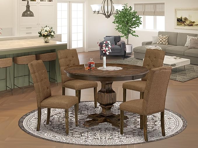 East West Furniture F3EL5-718 5 Piece Modern Dining Table Set Includes a Round Wooden Table with Pedestal and 4 Brown Linen Linen Fabric Parsons Dining Chairs, 48x48 Inch, Distressed Jacobean