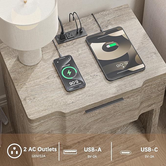 Night Stand with Charging Station, Wooden Mid Century Modern Nightstand with Drawer, Bed Side Table with Storage, Large Rustic Farmhouse End Tables for Bedroom Living Room Office