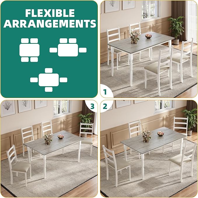 DWVO 5-Piece Dining Table Set for 4, Kitchen Dining Room Table with Upholstered Chairs, Faux Leather Cushions, Modern Rectangular Dinner Table Set for Small Spaces & Apartment, White Grey