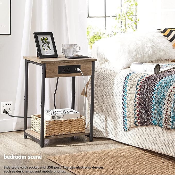 TUTOTAK Small Night Stand with Charging Station, End Table Set of 2, Side Table with USB, 21.8”H Nightstand with Storage Shelf, Sofa Couch Table TB01BG029 (2 pcs)